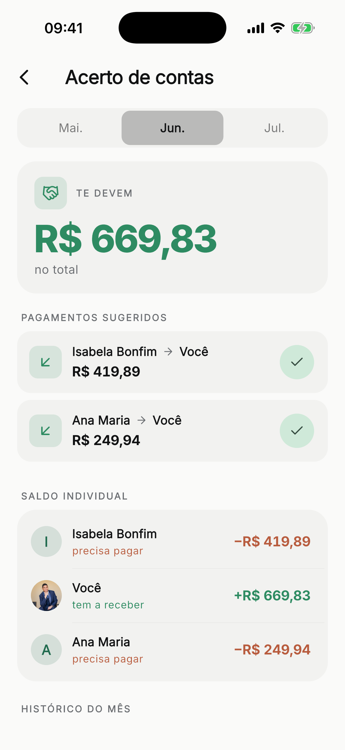 Tela de acerto de contas do Centavix com os pagamentos sugeridos para zerar as dívidas do grupo